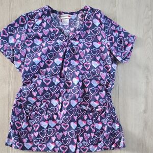 WHIT Heart Patterned Scrub Top in Pink and Blue